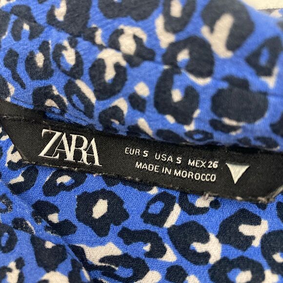 Zara Blue Leopard Print Balloon Sleeve Collared Blouse Oversized Top Size S - Picture 16 of 16